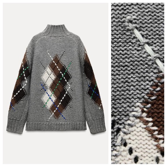 NWT. Zara Grey Marl Diamond Knit High Neck Sweater. Size M. - Picture 5 of 10